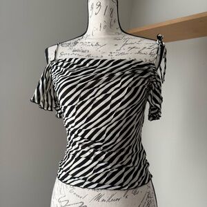 Black and White Asymmetrical Ruched Top - Size S